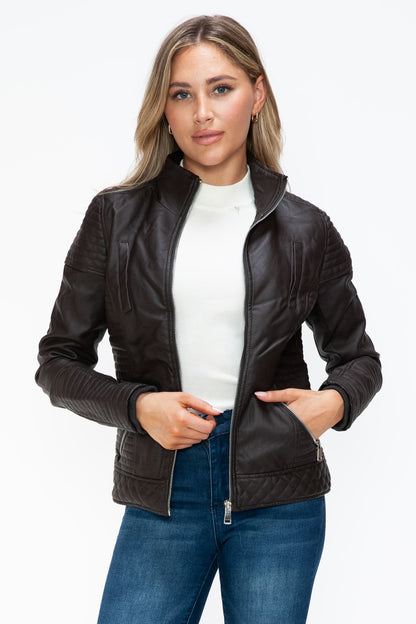 YMI Faux Layered Double-Zipper Jacket with Fuzzy Hood