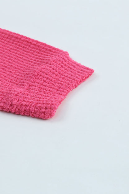 Hot Pink Pocket Buttons Front Waffle Knit Top