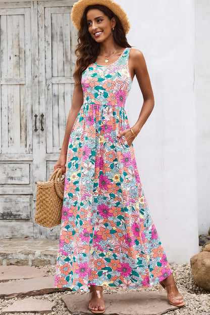 Multicolor Floral Printed Round Neck Sleeveless Maxi Dress