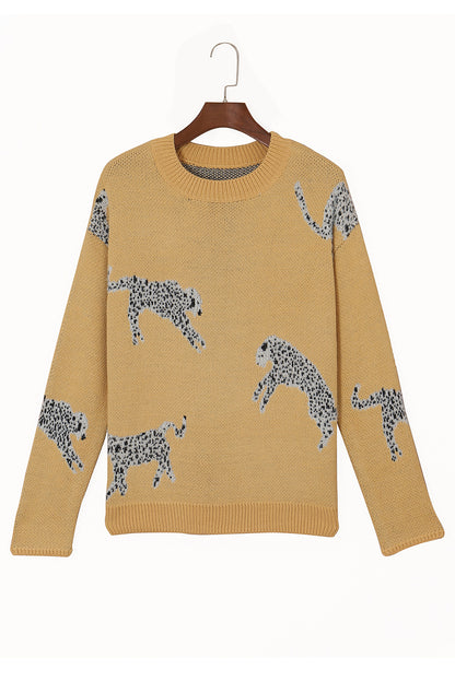 Camel Color Animal Print Drop Shoulder Knit Sweater