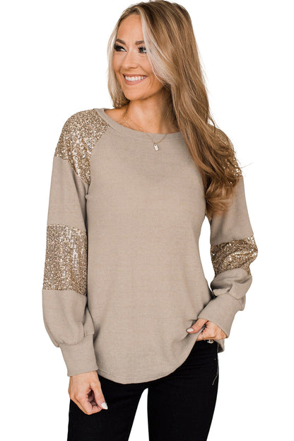 Flaxen Sequin Patched Round Neck Long Sleeve Top