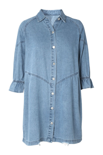 Gray Casual Buttoned Ruffle Cuffs Denim Short Dress