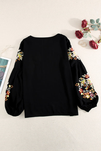 Black Flower Embroidered Jewel Neckline Long Sleeve Shirt