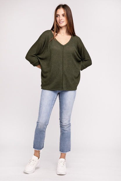 3/4 Sleeve V-Neck Hi-Low Hem Jacquard Sweater