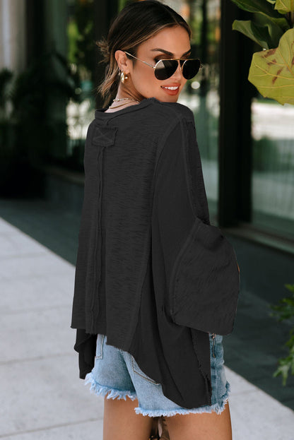 Green Splicing Long Sleeve Pocketed Oversized Top