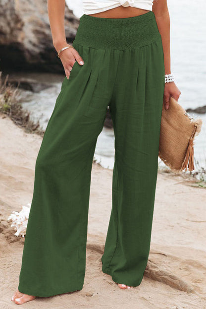 Khaki Smocked Wide Waistband High Waist Wide Leg Pants