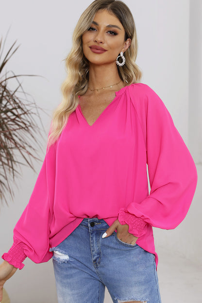 Rose Pleated V Neck Puffy Sleeve Blouse