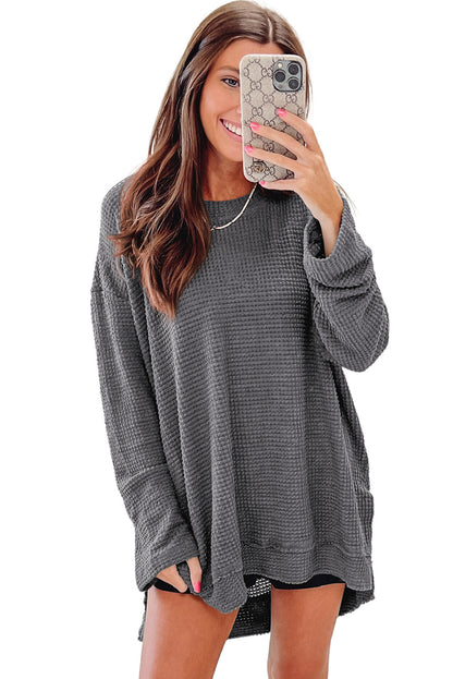 Black Plain Waffle Knit Drop Sleeve Side Slits Oversized Top