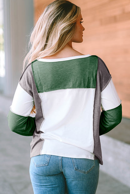 Khaki Color Block Exposed Seam Long Sleeve T Shirt