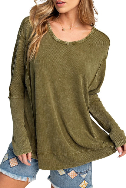 Green Acid Wash Exposed Seam Pullover Long Sleeve Top