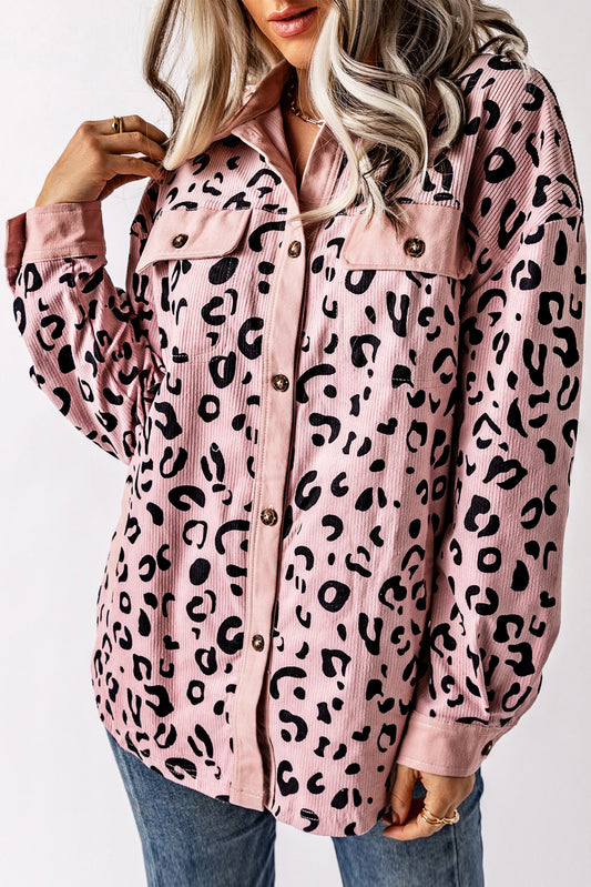 Pink Leopard Collared Neckline Flap Pockets Corduroy Jacket