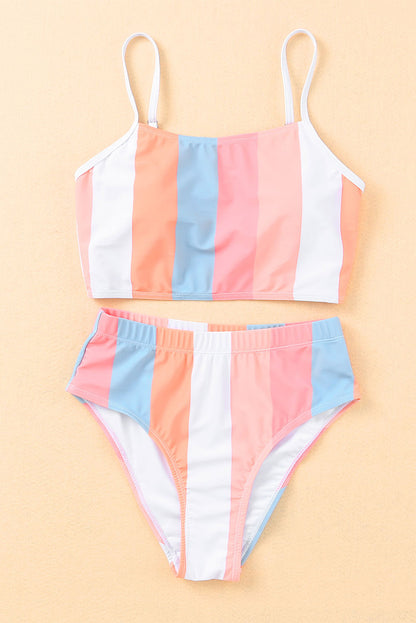 Orange Striped Colorblock High Waist Two Piece Swimsuit