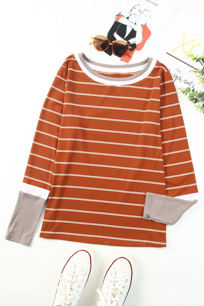 Brown Contrast Spliced Color Block Cuffs Rib Knit Top