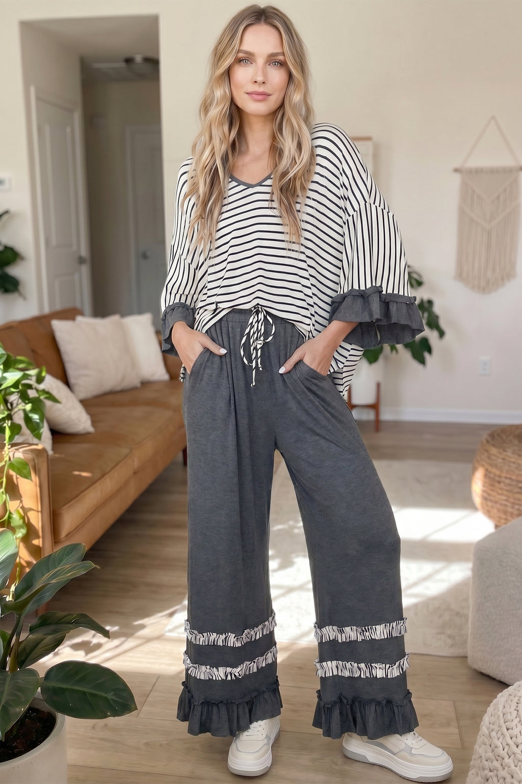 Gray Stripe V Neck Ruffle Contrast Sleeve Top Drawstring Pants 2pcs Set