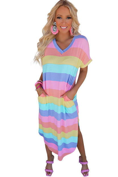 Multicolor Striped V Neck Side Slits T Shirt Dress with Pockets