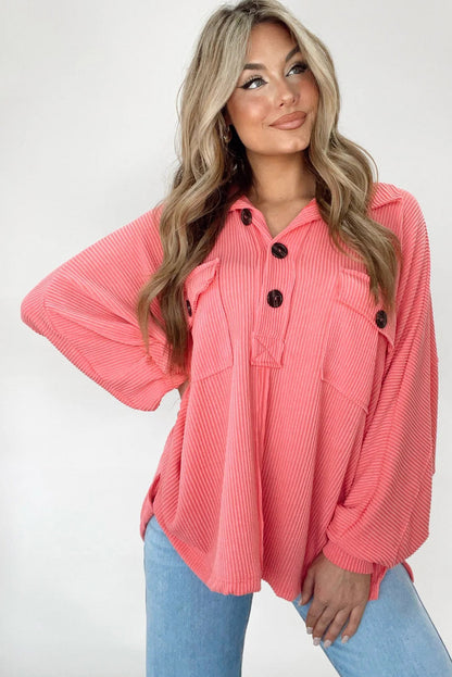 Pink Solid Color Ribbed Collared Henley Long Sleeve Top