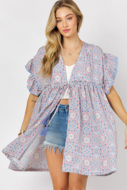 PRINTED SHORT SLEEVE RUFFLE KIMONO