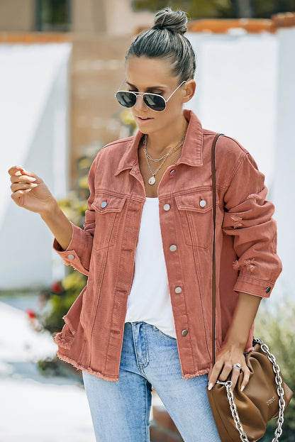 Red Distressed Raw Hem Pocket Buttons Denim Jacket