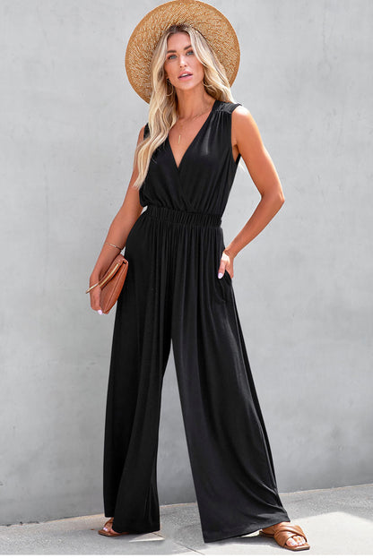 Jungle Green Deep V Pocketed Pleated Wide Leg Jumpsuit