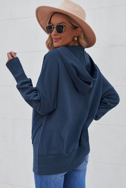 Light Blue Casual Batwing Sleeve Pocket Henley Hoodie