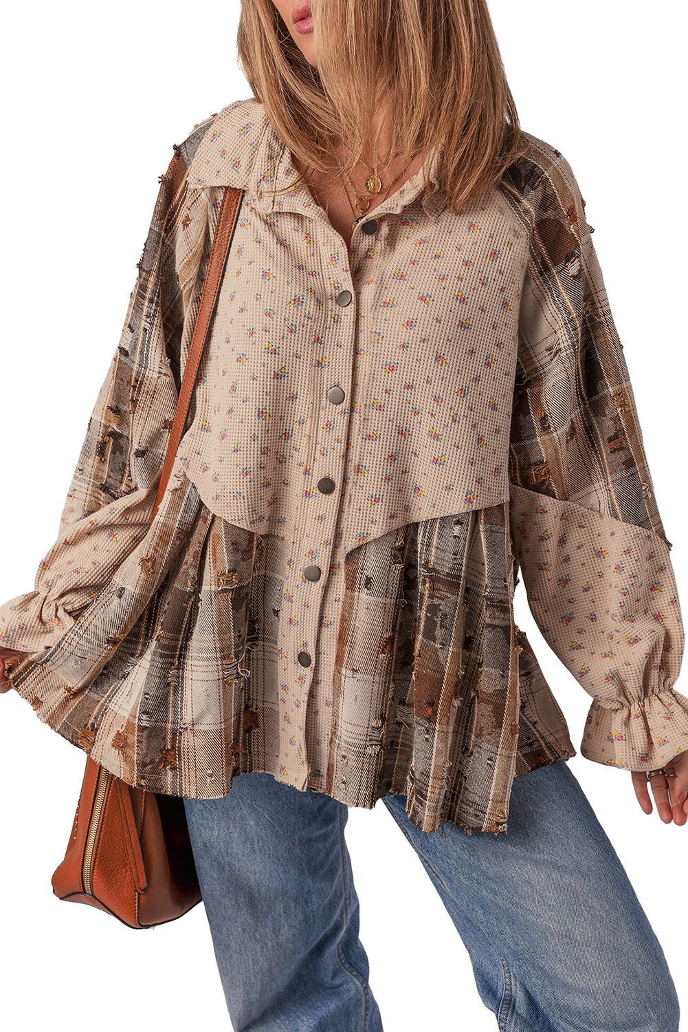 Oatmeal Boho Floral Plaid Patchwork Waffle Knit Distressed Jacket