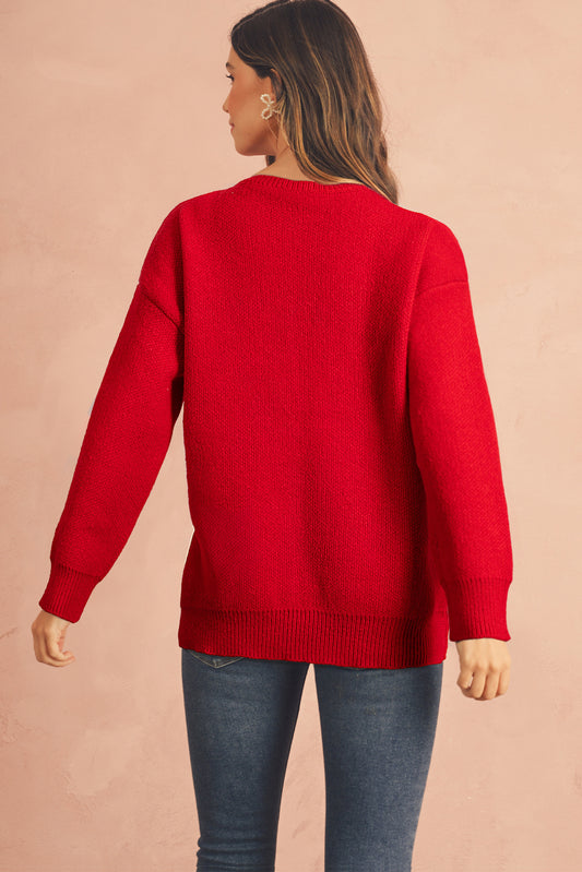 Racing Red Love Jacquard Bow Knitted Sweater