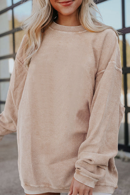 Orange Plain Drop Sleeve Rib-Knit Oversized Sweatshirt