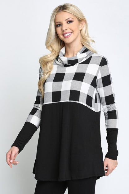 Plaid Solid Contrast Long Sleeve Turtle Neck Top