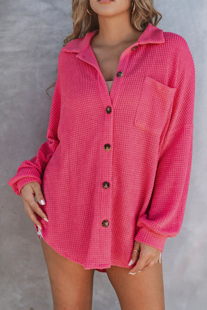 Hot Pink Pocket Buttons Front Waffle Knit Top