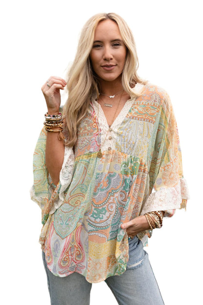 Multicolor Paisley Print Bell Sleeve Lace V-Neck Button Sheer Blouse