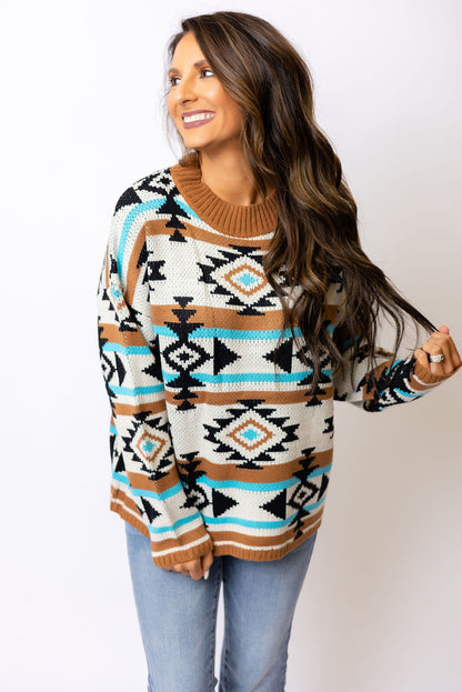 Brown Geometric Striped Knit Ribbed Trim Sweater