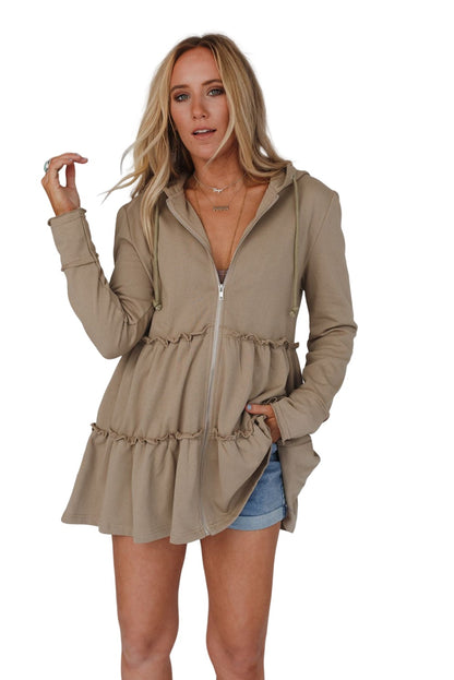 Khaki Tiered Frill Detail Zip-Up Drawstring Hoodie