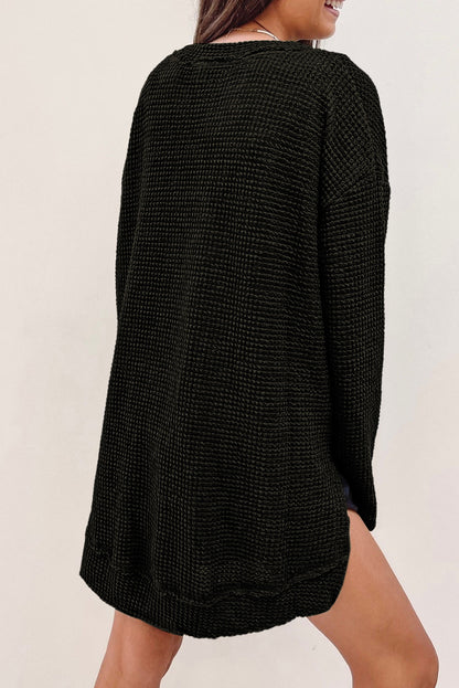 Black Plain Waffle Knit Drop Sleeve Side Slits Oversized Top