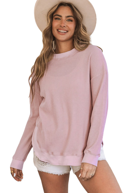 Pink Waffle Knit Crew Neck Casual Long Sleeve Top