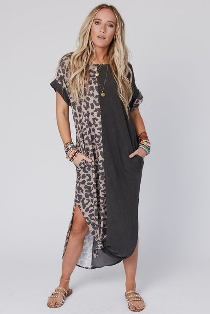 Rose Leopard Patchwork Pocket Casual T-Shirt Dress With Slits