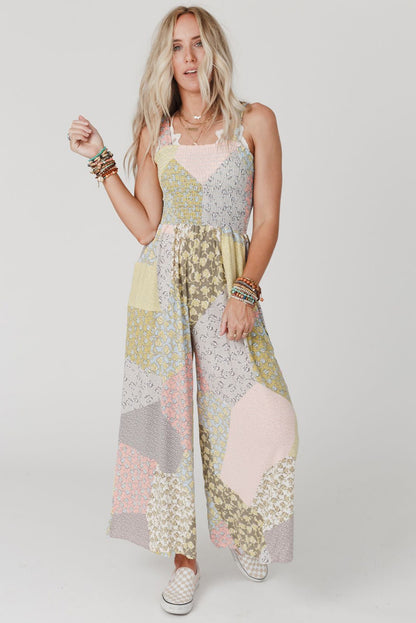 Multicolor Irregular Patchwork Print Smocked Wide Leg Jumpsuit