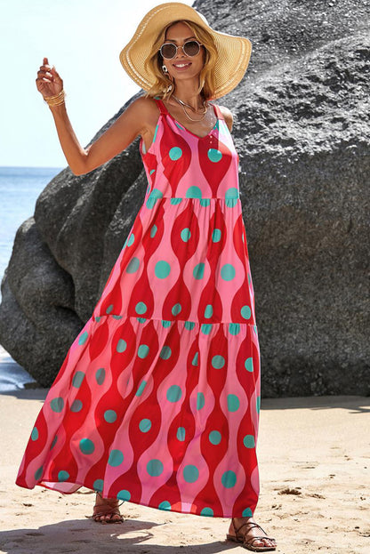 Red Abstract Dot Print Tiered Tank Maxi Dress