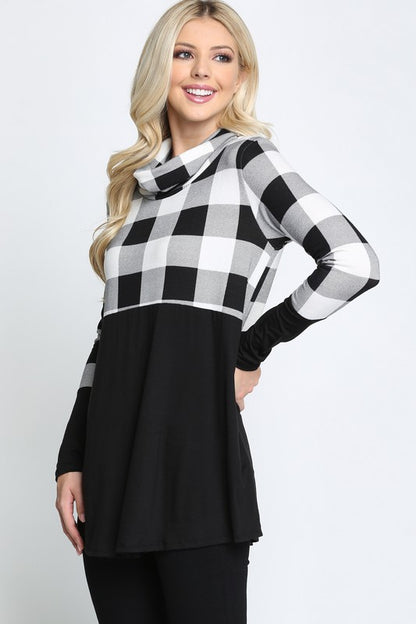 Plaid Solid Contrast Long Sleeve Turtle Neck Top