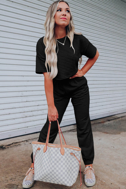 Rose Red Textured Cropped Tee and Jogger Pants Set