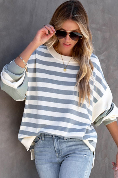 Blue Striped Casual Drop Shoulder Pullover Sweatshirt