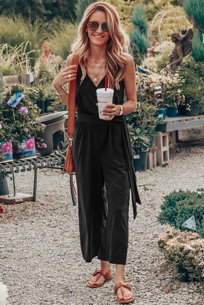 Black Casual Surplice V Neck Knot Wide Leg Jumpsuit