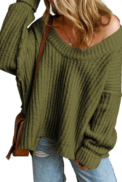 Green Ribbed Knit Round Neck Slouchy Chunky Sweater