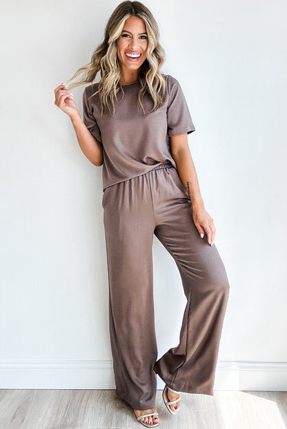 Smoke Gray Solid Color T-Shirt and Wide Leg Pants Set