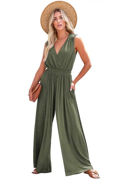 Jungle Green Deep V Pocketed Pleated Wide Leg Jumpsuit