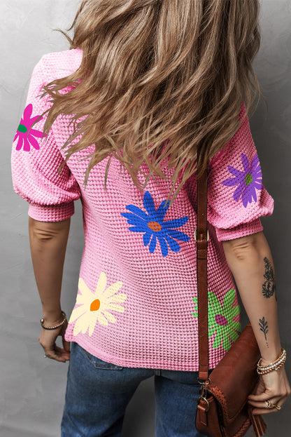 Pink Colorful Floral Print Puff Sleeve Waffle Knit T Shirt