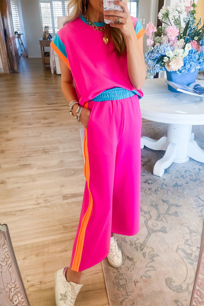 Strawberry Pink Colorblock Cap Sleeve Tee and Wide Leg Pants Set