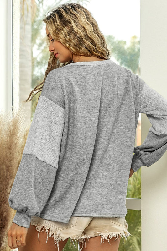 Grey Patchwork Chest Pockets Long Sleeve Pullover Top