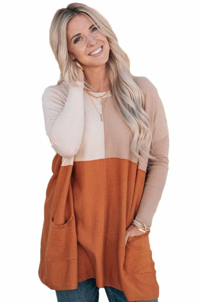 Orange Colorblock Casual Seam Pocket Loose Top