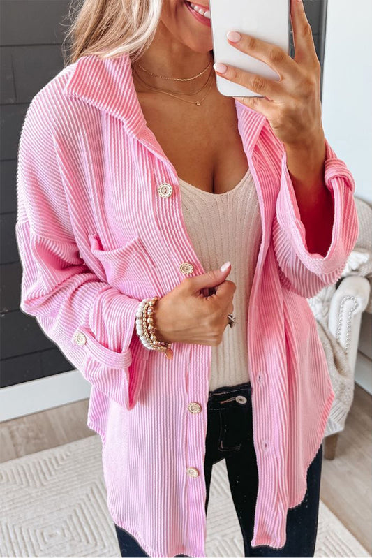 Pink Solid Color Textured Roll Tab Sleeve Shirt Jacket