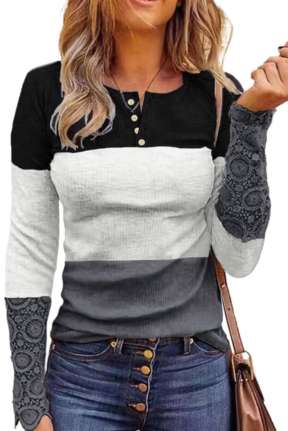 Color Block Ribbed Lace Crochet Sleeves Henley Shirt for Women